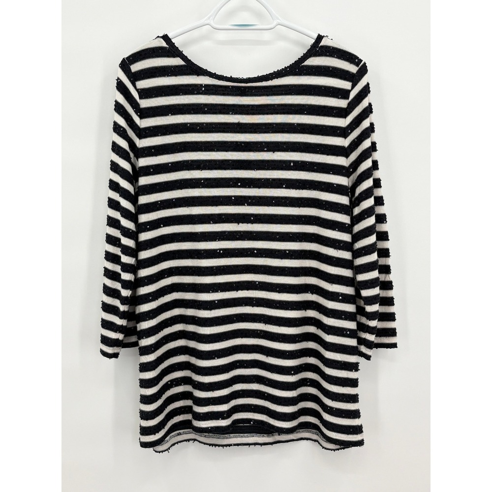 Talbots Woman 1X Striped Sequin Knit Top Black White 3/4 Sleeve NWT 255364